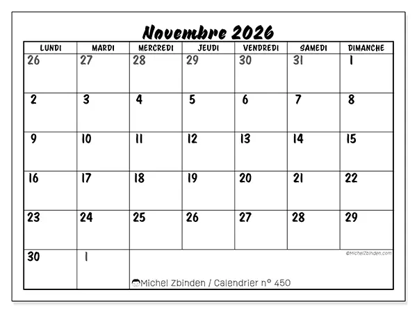 Calendrier novembre 2026 à imprimer - Organisation détaillée