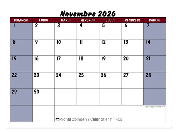 Calendrier novembre 2026 à imprimer - Productivité en couleur - Semaine du dimanche au samedi