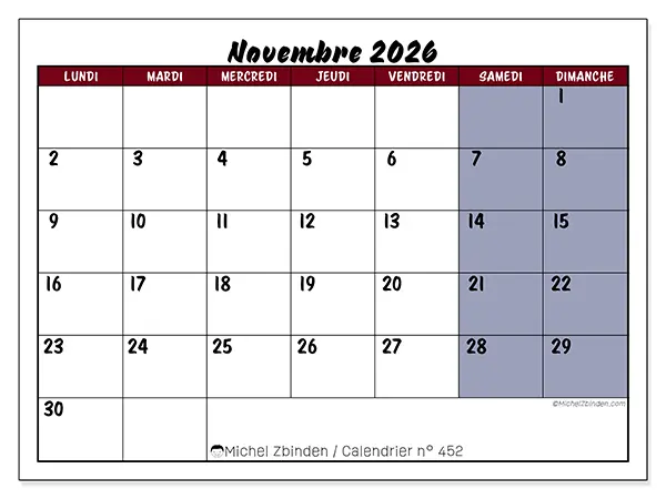 Calendrier novembre 2026 à imprimer - Productivité en couleur