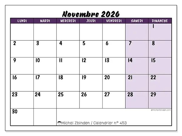 Calendrier novembre 2026 à imprimer - Efficacité colorée