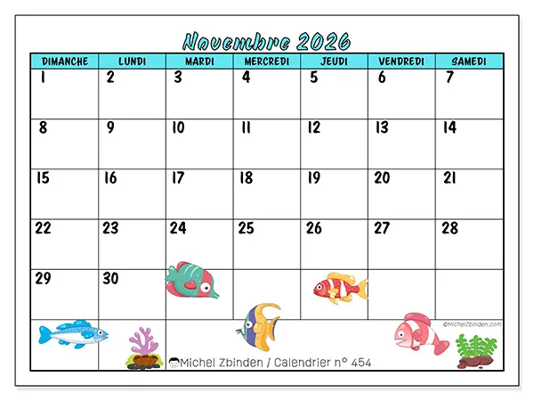 Calendrier novembre 2026 à imprimer - Poissons colorés - Semaine du dimanche au samedi