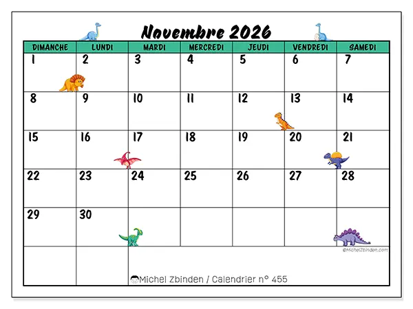 Calendrier novembre 2026 à imprimer - Petits dinosaures - Semaine du dimanche au samedi