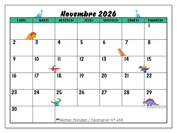 Calendrier novembre 2026 à imprimer - Petits dinosaures