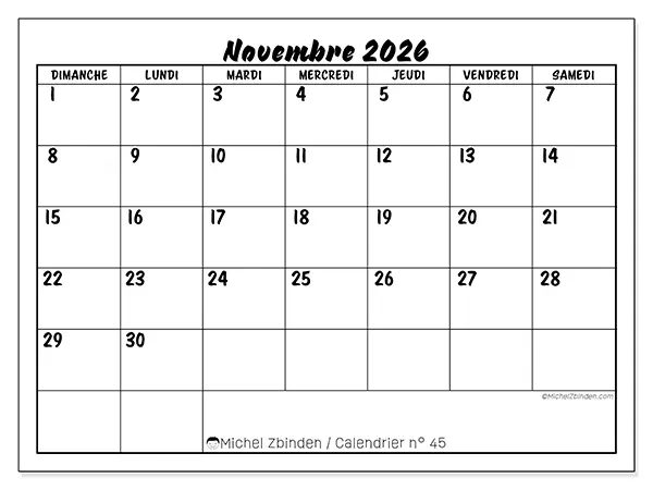 Calendrier novembre 2026 à imprimer - Réussite scolaire - Semaine du dimanche au samedi