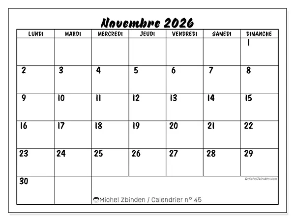 Calendrier novembre 2026 à imprimer - Réussite scolaire