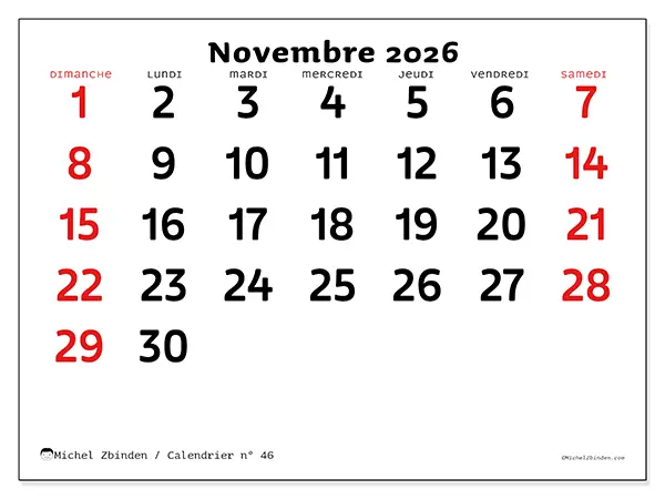 Calendrier novembre 2026 à imprimer - Vision claire - Semaine du dimanche au samedi