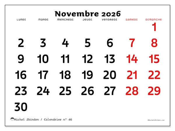 Calendrier novembre 2026 à imprimer - Vision claire