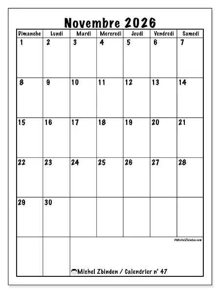 Calendrier novembre 2026 à imprimer - Planning efficace - Semaine du dimanche au samedi