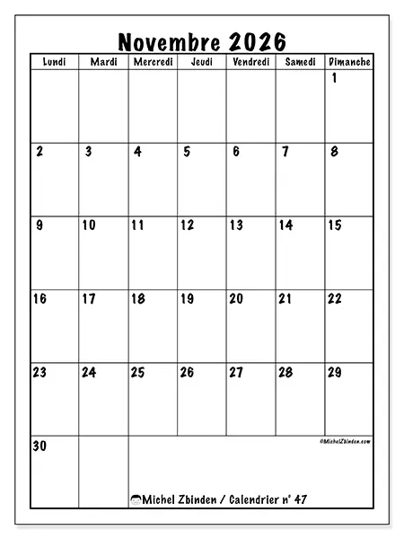 Calendrier novembre 2026 à imprimer - Planning efficace