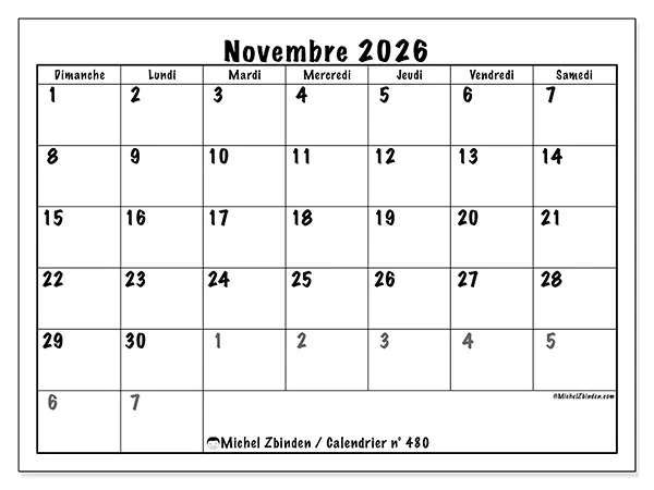 Calendrier novembre 2026 à imprimer - Planification complète - Semaine du dimanche au samedi