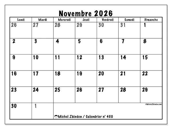 Calendrier novembre 2026 à imprimer - Planification complète