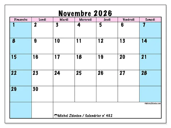 Calendrier novembre 2026 à imprimer - Horaire d’équipe - Semaine du dimanche au samedi