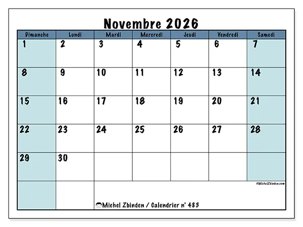 Calendrier novembre 2026 à imprimer - Structuré pour l’école - Semaine du dimanche au samedi