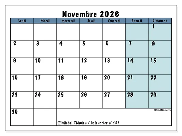 Calendrier novembre 2026 à imprimer - Structuré pour l’école