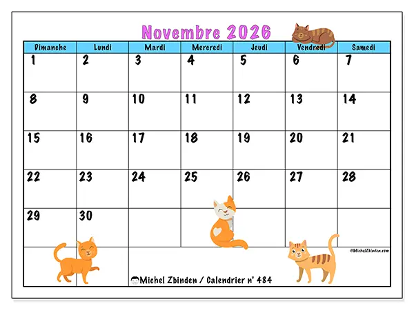 Calendrier novembre 2026 à imprimer - Amour des chats - Semaine du dimanche au samedi