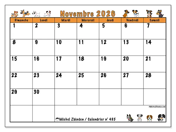 Calendrier novembre 2026 à imprimer - Chiens enthousiastes - Semaine du dimanche au samedi