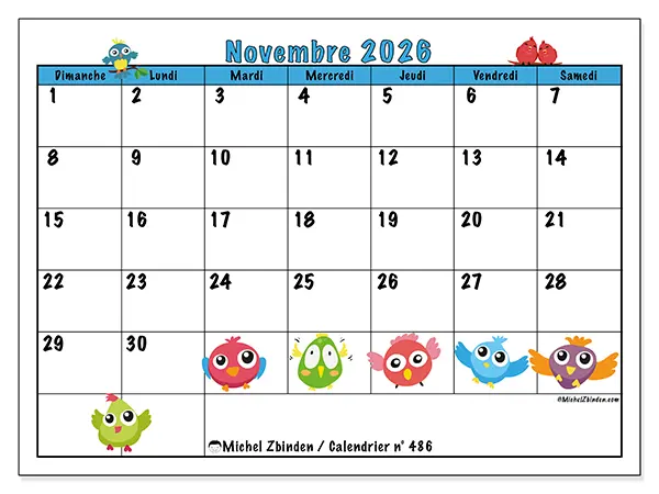 Calendrier novembre 2026 à imprimer - Oiseaux amusants - Semaine du dimanche au samedi