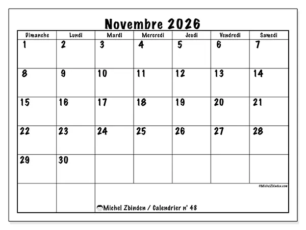 Calendrier novembre 2026 à imprimer - Efficacité quotidienne - Semaine du dimanche au samedi