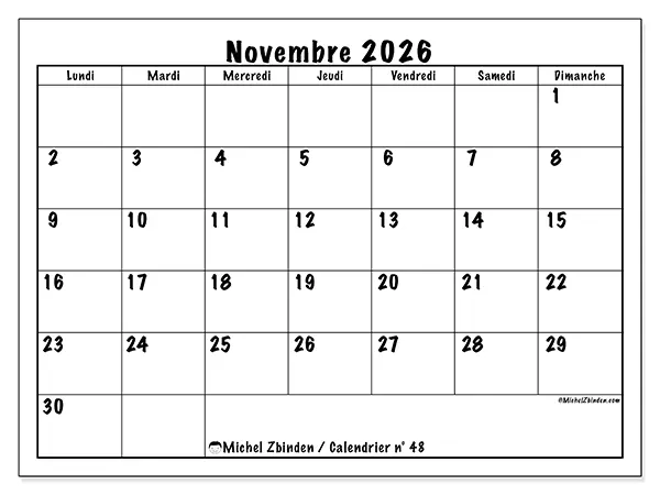 Calendrier novembre 2026 à imprimer - Efficacité quotidienne