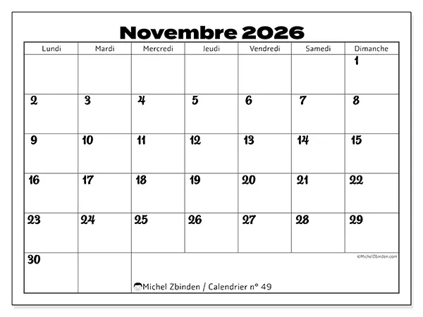 Calendrier novembre 2026 à imprimer - Coordination productive