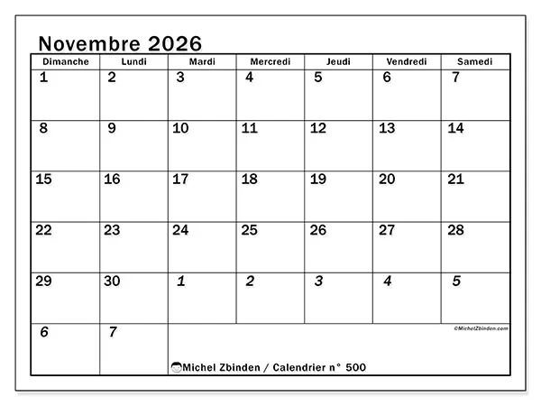 Calendrier novembre 2026 à imprimer - Planning intensif - Semaine du dimanche au samedi