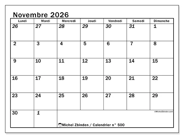 Calendrier novembre 2026 à imprimer - Planning intensif