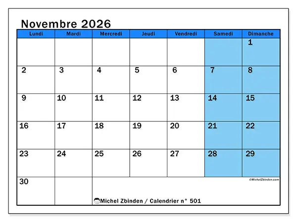 Calendrier novembre 2026 à imprimer - Études dynamiques