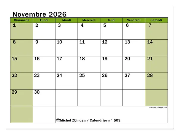 Calendrier novembre 2026 à imprimer - Organisation vivante - Semaine du dimanche au samedi