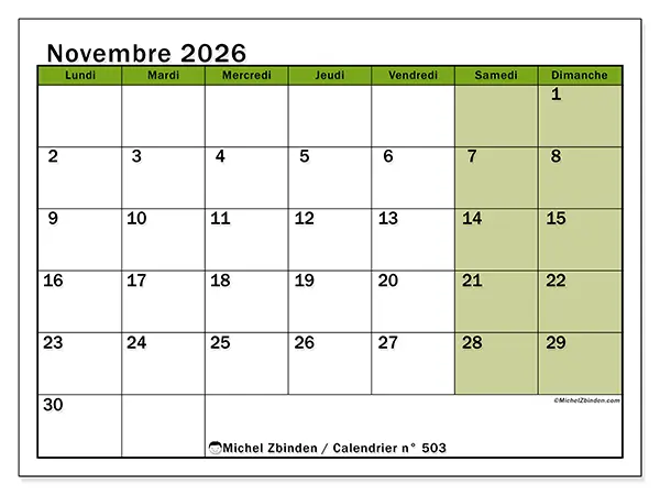 Calendrier novembre 2026 à imprimer - Organisation vivante