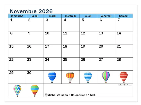 Calendrier novembre 2026 à imprimer - Montgolfières - Semaine du dimanche au samedi