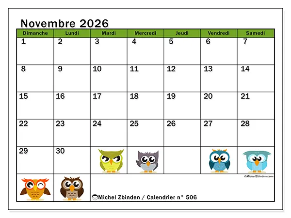 Calendrier novembre 2026 à imprimer - Hiboux amusants - Semaine du dimanche au samedi