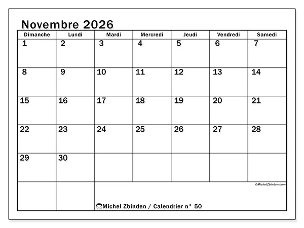 Calendrier novembre 2026 à imprimer - Planification optimale - Semaine du dimanche au samedi