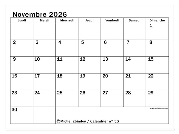 Calendrier novembre 2026 à imprimer - Planification optimale