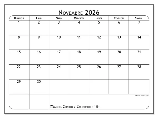 Calendrier novembre 2026 à imprimer - Programme des repas - Semaine du dimanche au samedi