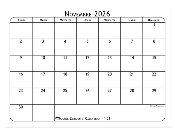 Calendrier novembre 2026 à imprimer - Programme des repas