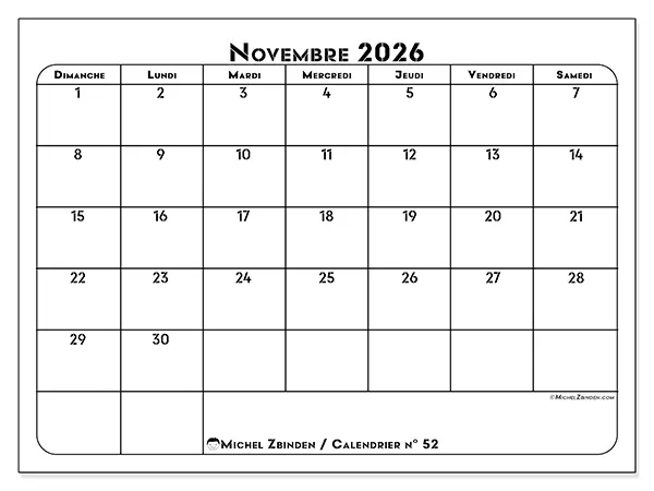 Calendrier novembre 2026 à imprimer - Organisation professionnelle - Semaine du dimanche au samedi