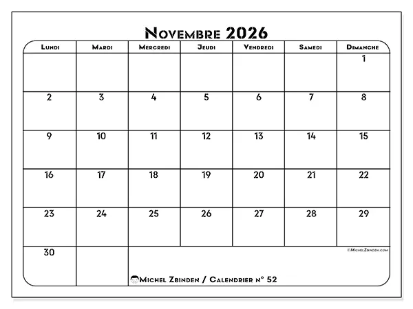 Calendrier novembre 2026 à imprimer - Organisation professionnelle