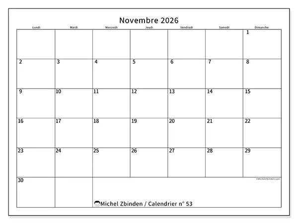 Calendrier novembre 2026 à imprimer - Horaire efficace