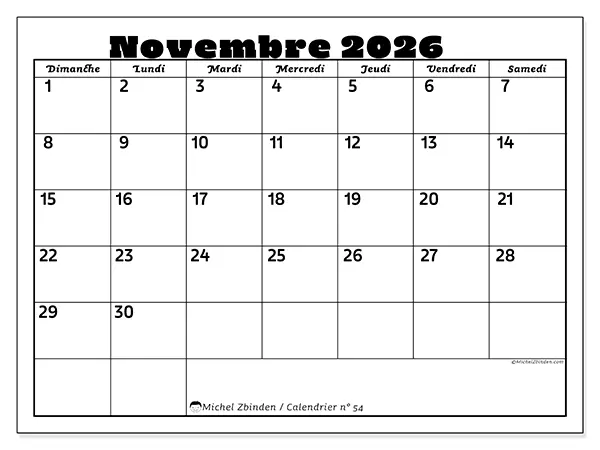 Calendrier novembre 2026 à imprimer - Activités en famille - Semaine du dimanche au samedi