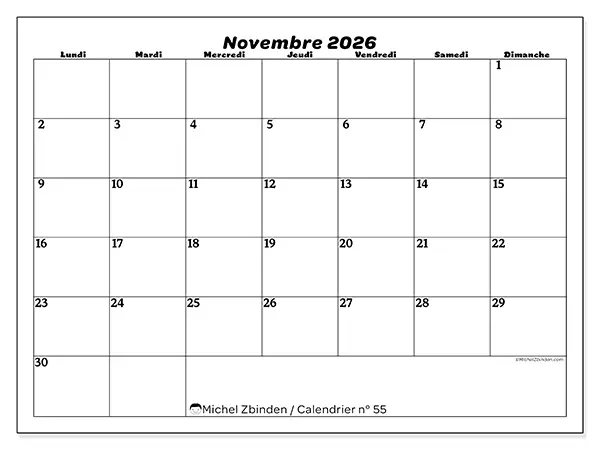 Calendrier novembre 2026 à imprimer - Organisation des loisirs