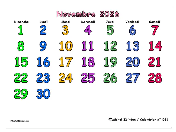 Calendrier novembre 2026 à imprimer - Moments créatifs - Semaine du dimanche au samedi