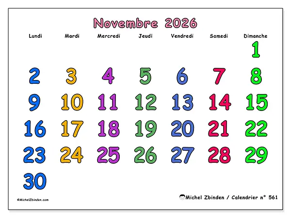 Calendrier novembre 2026 à imprimer - Moments créatifs