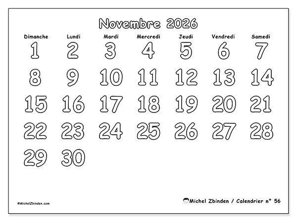 Calendrier novembre 2026 à imprimer - Coloriage utile - Semaine du dimanche au samedi