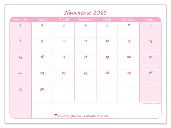 Calendrier novembre 2026 à imprimer - Organisation en douceur - Semaine du dimanche au samedi