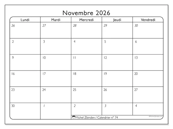 Calendrier novembre 2026 à imprimer - Organisation du travail