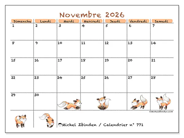 Calendrier novembre 2026 à imprimer - Dessins de renards - Semaine du dimanche au samedi