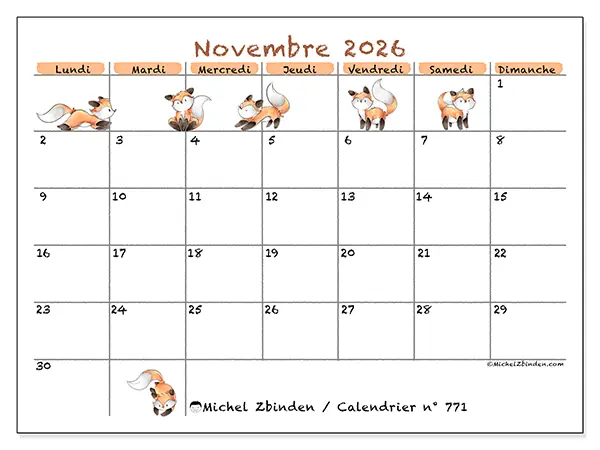 Calendrier novembre 2026 à imprimer - Dessins de renards