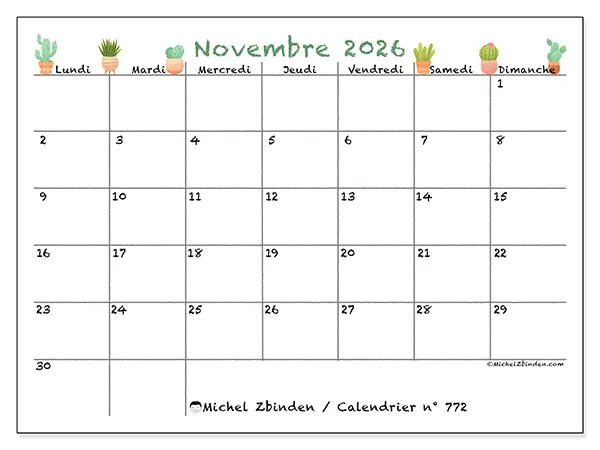 Calendrier novembre 2026 à imprimer - Cactus décoratifs
