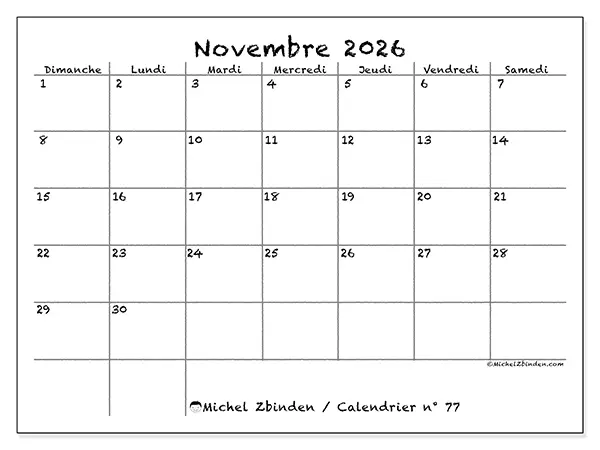 Calendrier novembre 2026 à imprimer - École et famille - Semaine du dimanche au samedi