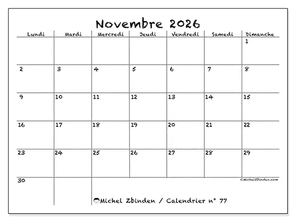 Calendrier novembre 2026 à imprimer - École et famille